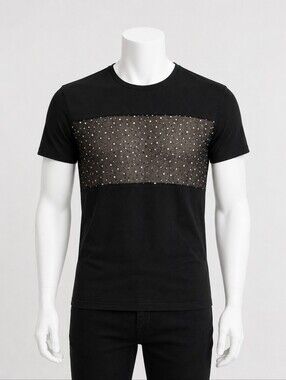 ORTTU | Star Mesh Panel Crew Neck T-Shirt in Black ~ Size Large